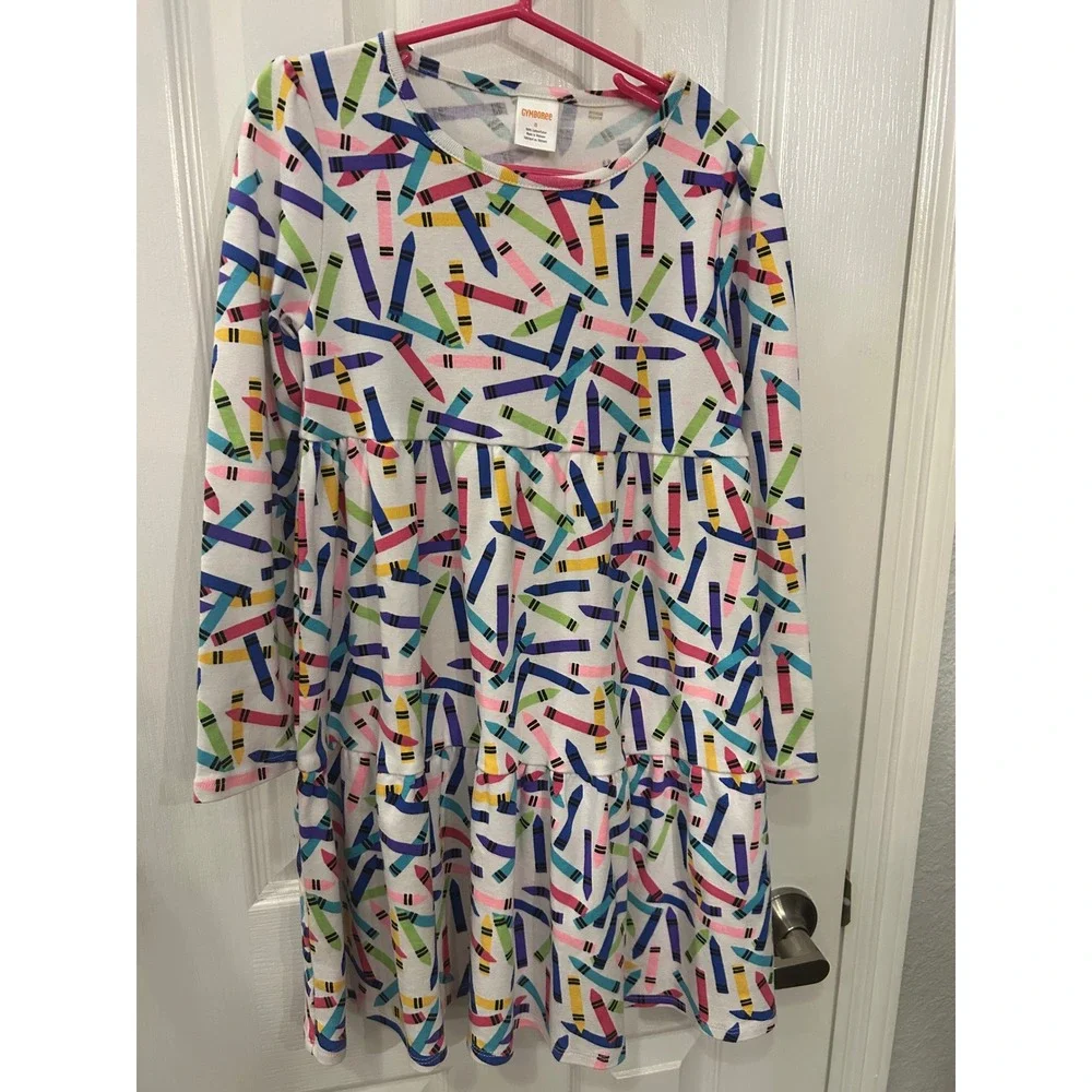Gymboree Tiered Dress Multicolor Crayon Print Long Sleeve School‎ Art bin A